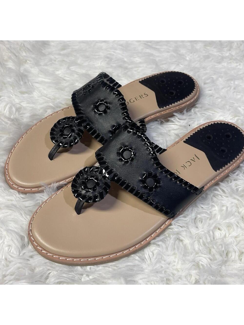 Jack Rogers Sandals Womens 9 M Black Leather Flip Flops Hampton Patent Preppy